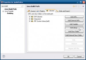 Caixa de diálogo Properties, em Java Build Path, na aba Libraries 