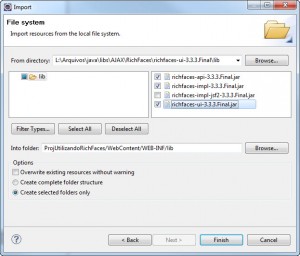 Figura 12 – Selecionando as bibliotecas do RichFaces para importação no diretório lib